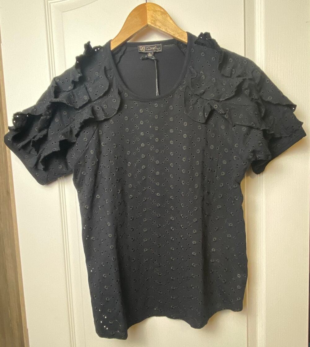DG2 Black Eyelet Whimsygoth Dark Fairy Goth Ruffle Sleeve Top Women's Size Large